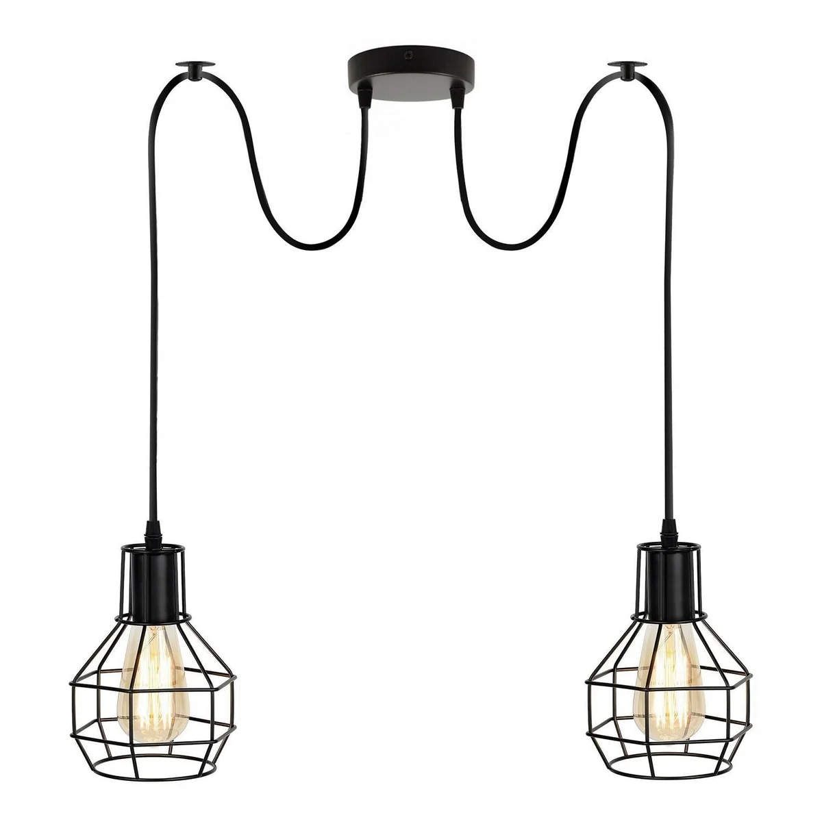 Black metal cage pendant light with two bulbs hanging from adjustable cords against a white background