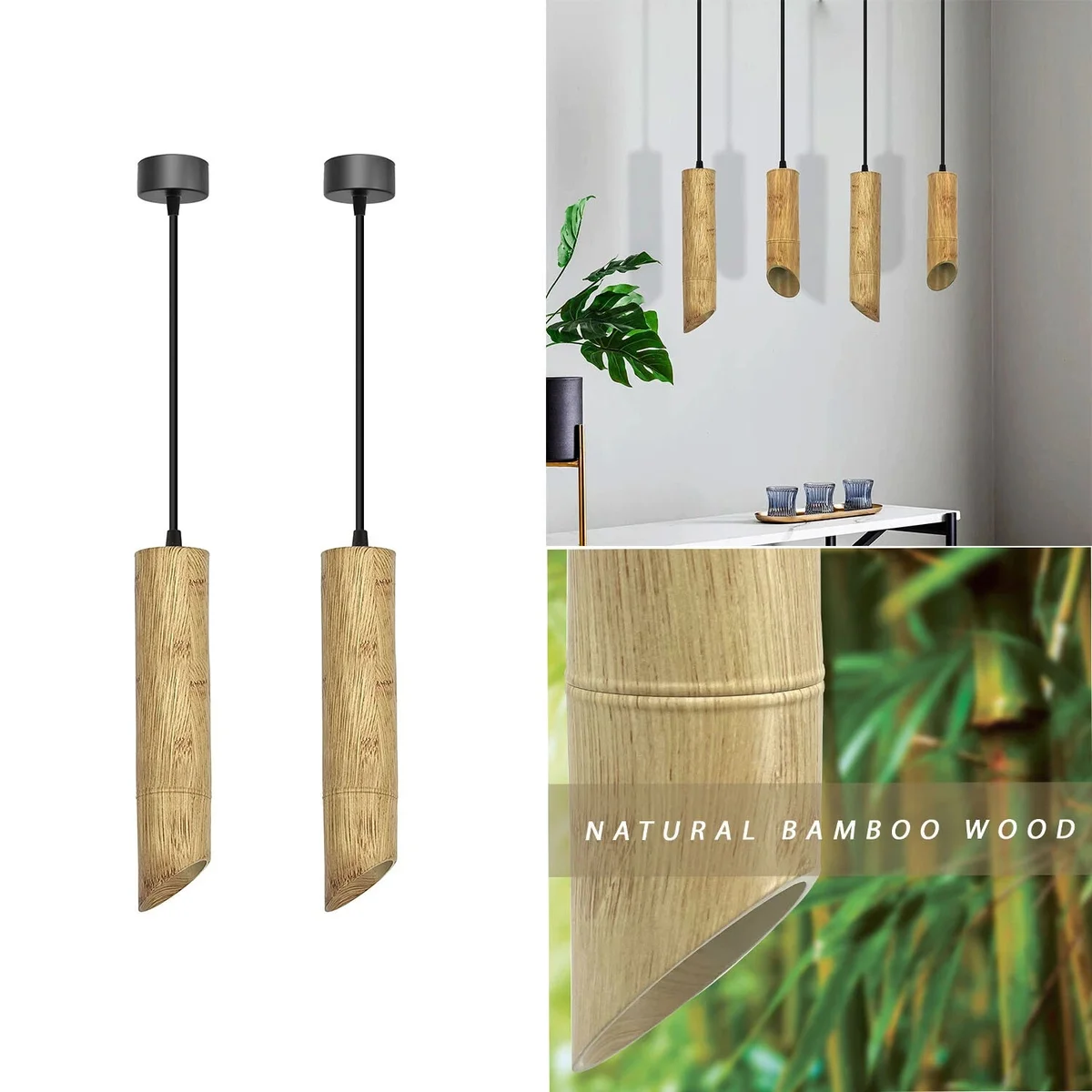 Adjustable wooden pendant light with long bamboo tube and aluminum spotlight, shown hanging from ceiling with cable
