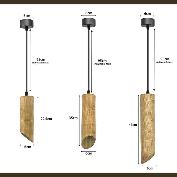 Adjustable bamboo pendant light with long wooden tube shade and aluminum spotlight, ceiling mounted with GU10 bulb included