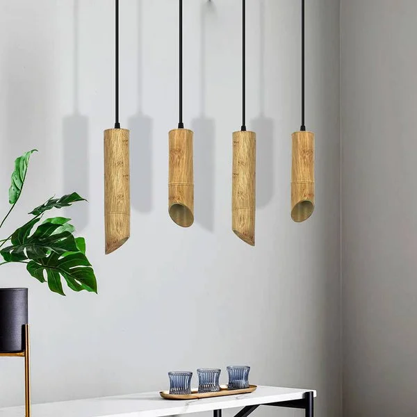 Adjustable bamboo grain wooden long tube GU10 pendant light with aluminum spotlight, ceiling mounted with 95cm cable