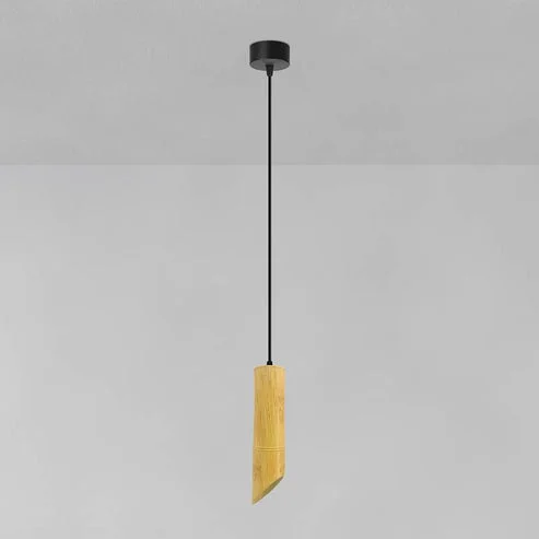 Adjustable wooden pendant light with sleek bamboo grain tube and aluminum spotlight, suspended by adjustable 95cm cable