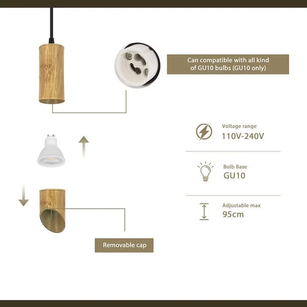 Adjustable wooden pendant light with long bamboo grain tube and sleek aluminum spotlight hanging from ceiling