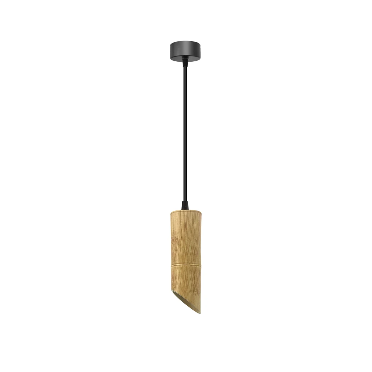 Adjustable wooden pendant light with long bamboo grain tube and aluminum spotlight hanging from ceiling with 95cm cable
