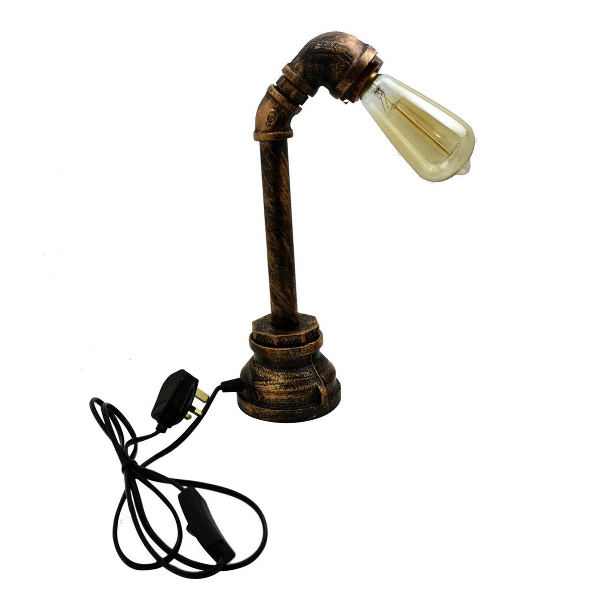 Vintage retro lighting desk lamp with industrial water pipe design in brushed copper, dimmable with plug-in cable and switch