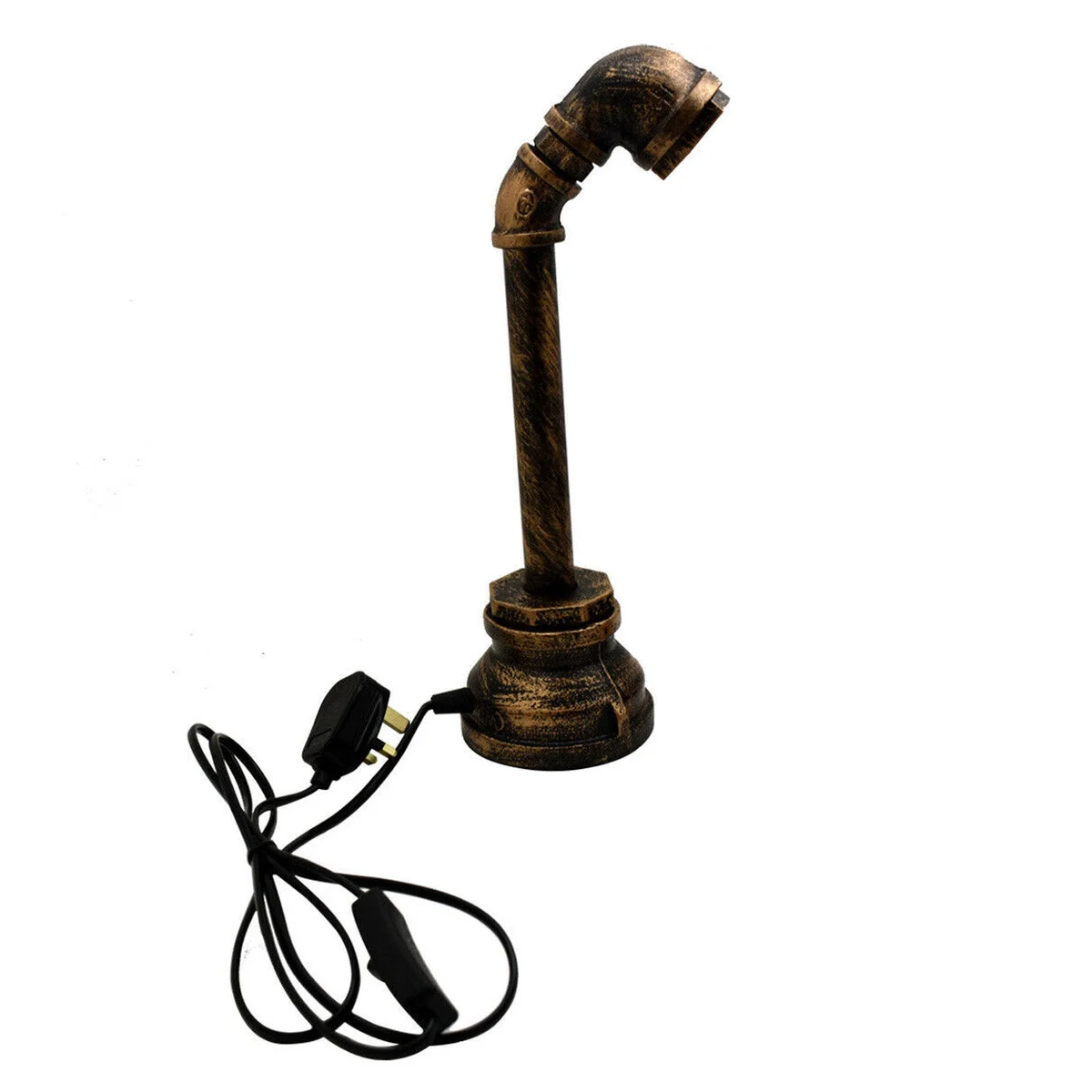 Vintage style metal desk lamp with steampunk water pipe design and brushed copper finish on wooden surface