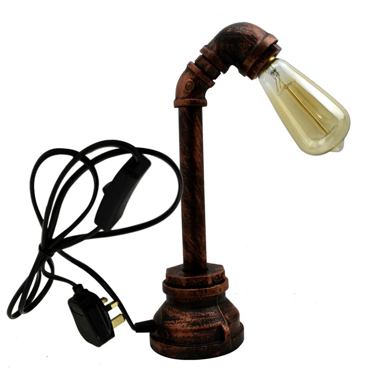 Vintage steampunk desk lamp with brushed copper water pipe design and plug-in cable on wooden surface