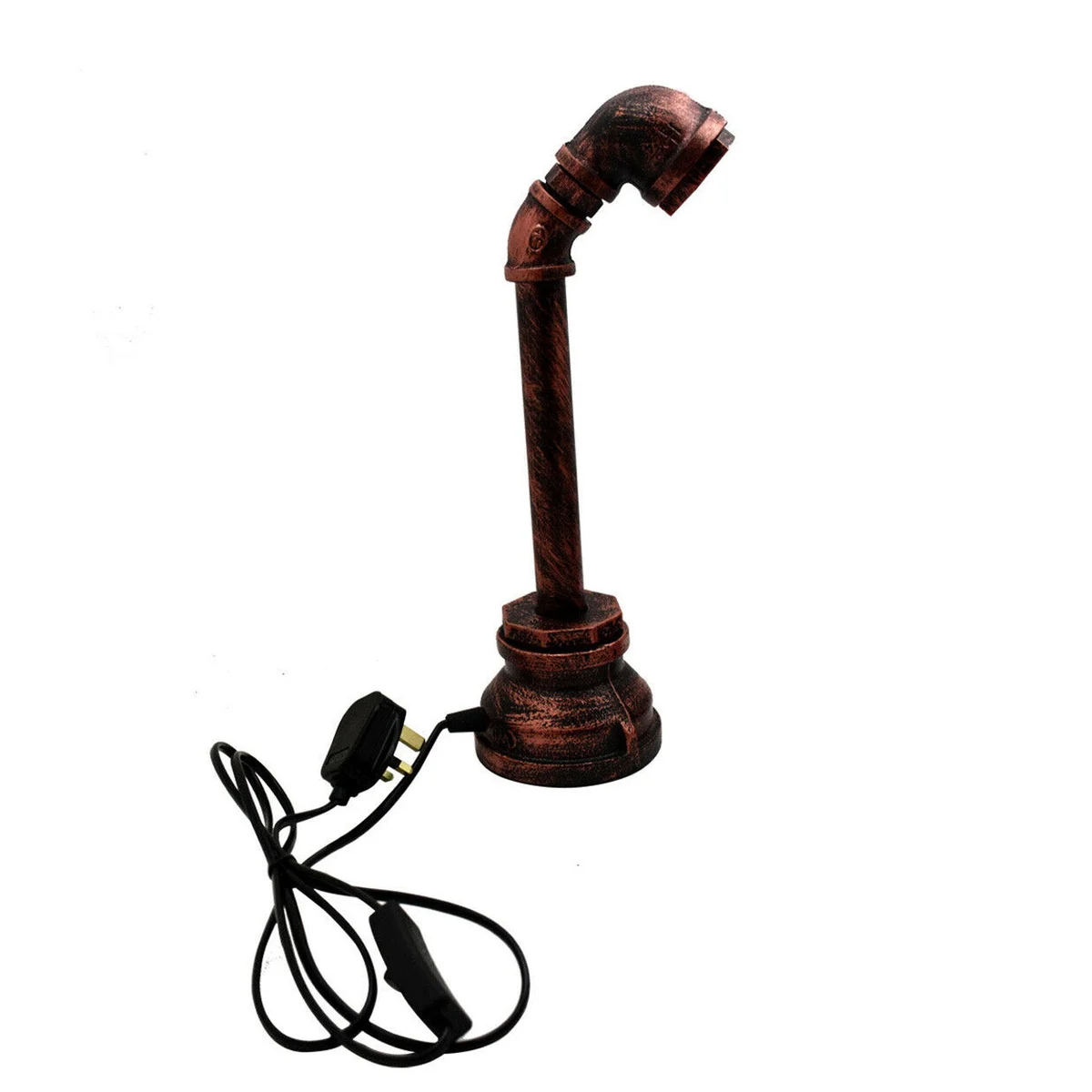 Vintage steampunk desk lamp with industrial water pipe design, brushed copper finish, and plug-in cable with switch