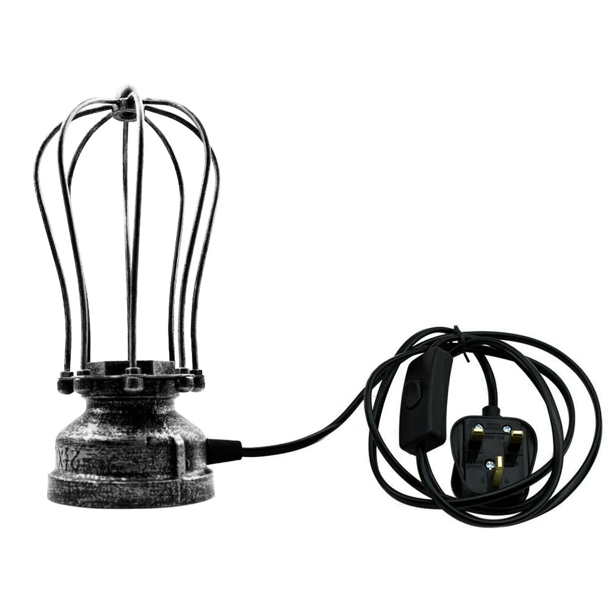 Vintage industrial steampunk plug-in desk light with metal cage shade in rustic red on wooden surface