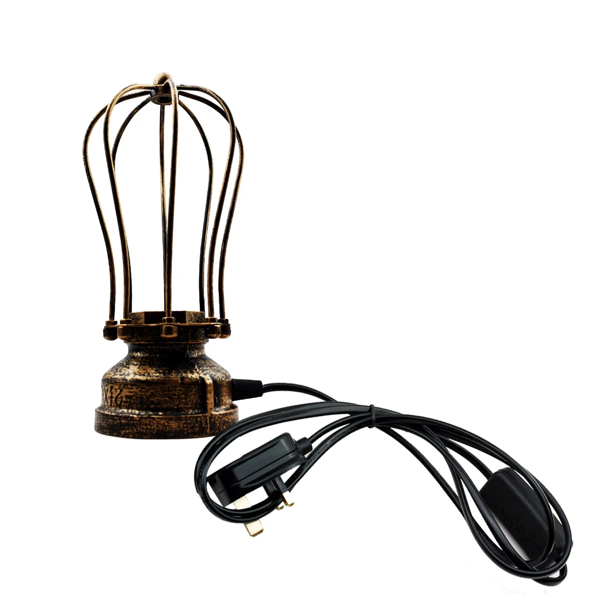 Compact industrial table lamp with black metal cage shade and visible E27 bulb on wooden surface against white background
