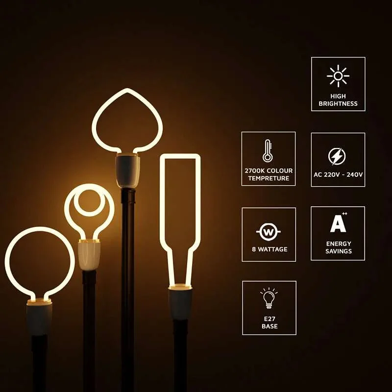 Transparent 8W LED filament bulb with E27 base showing warm white glowing curly filament inside clear tube design