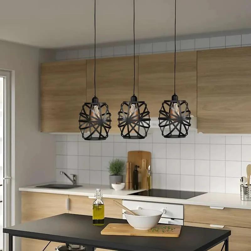 Vintage wire cage pendant light with three black metal cages and linear canopy, industrial style ceiling fixture