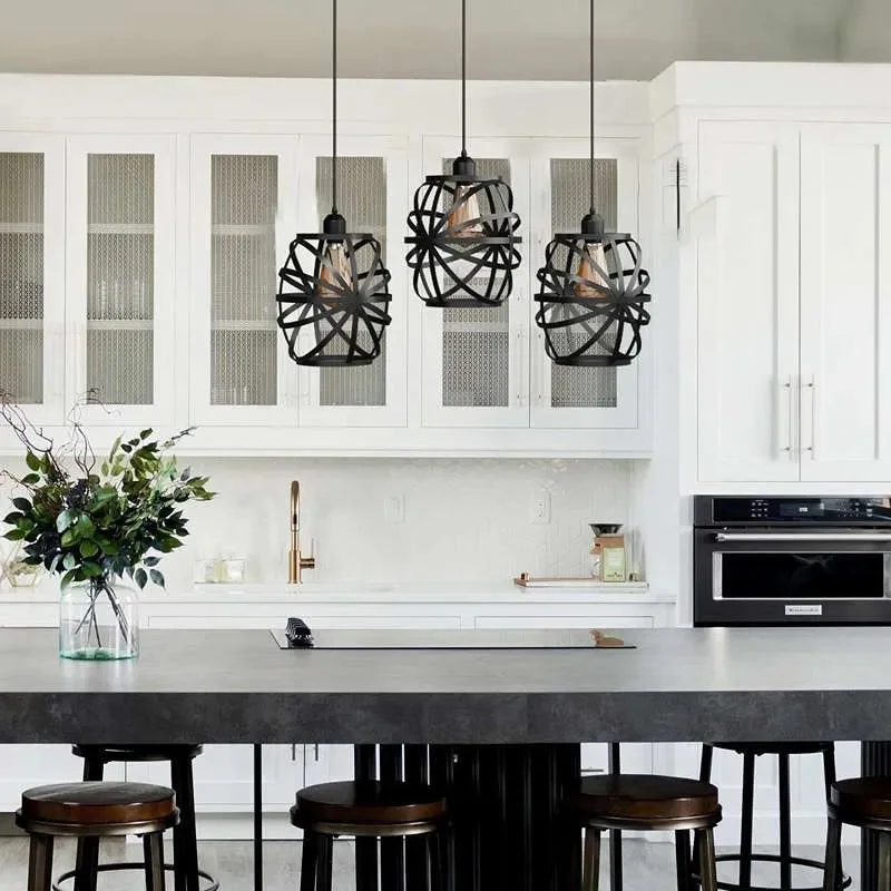 Black wire cage light pendant with three vintage-style bulbs and linear canopy, industrial design ceiling fixture