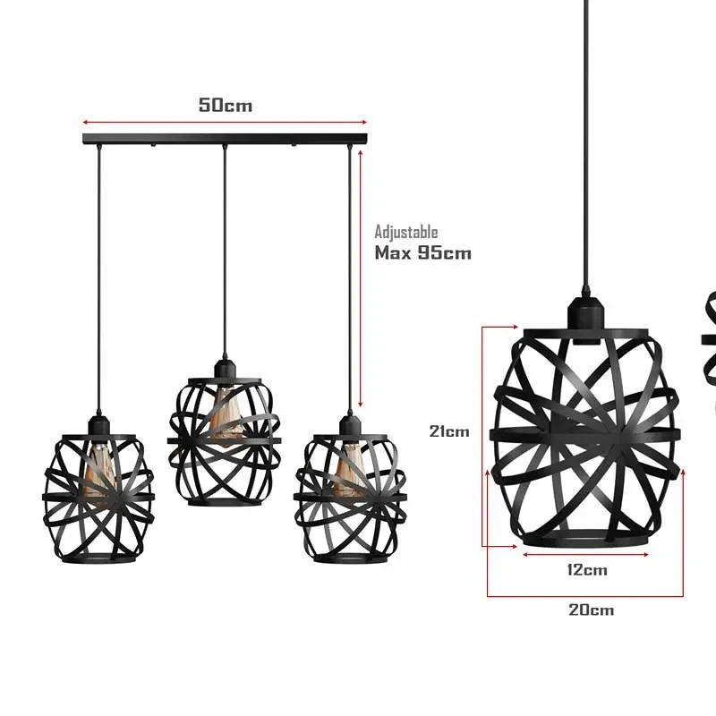 Vintage black wire cage E27 bulb pendant light with three lamps and linear canopy, industrial style ceiling fixture
