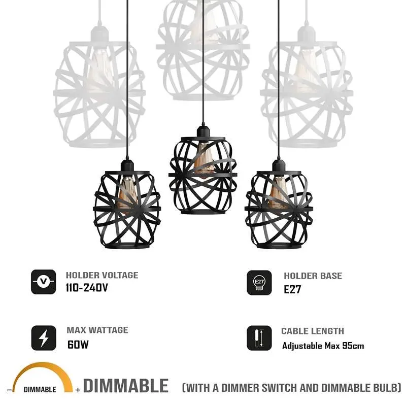 Black metal vintage pendant lamp with three wire cage shades and linear canopy, shown installed on ceiling
