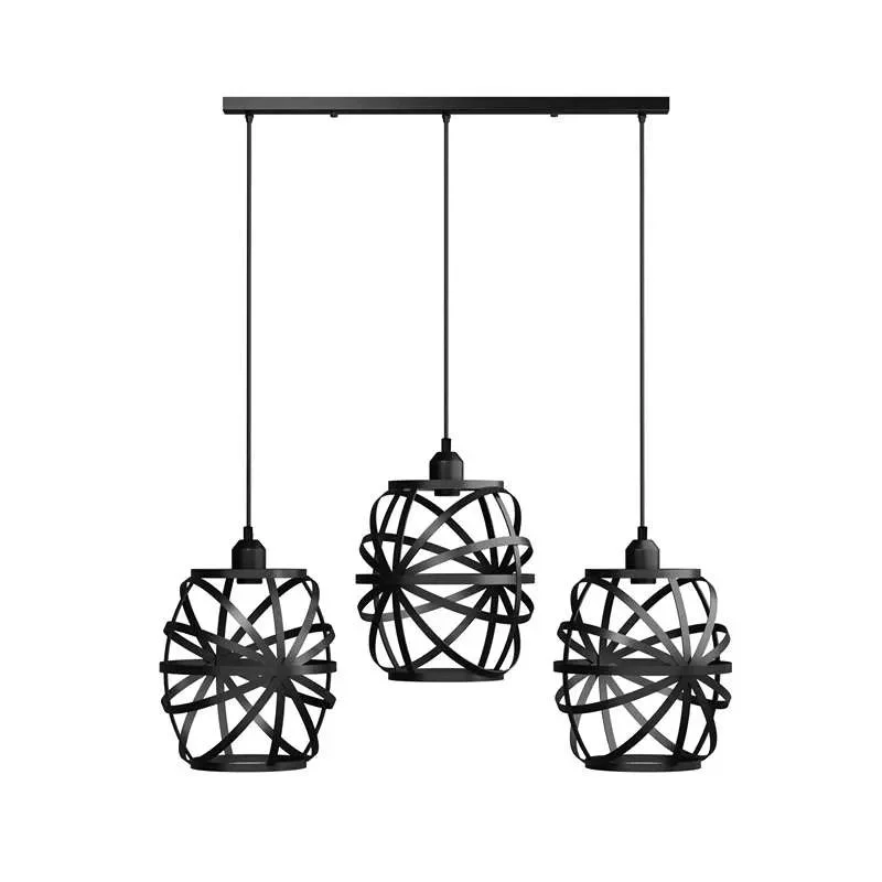 Vintage wire cage pendant light with three black metal cages and linear canopy, industrial vintage style ceiling fixture