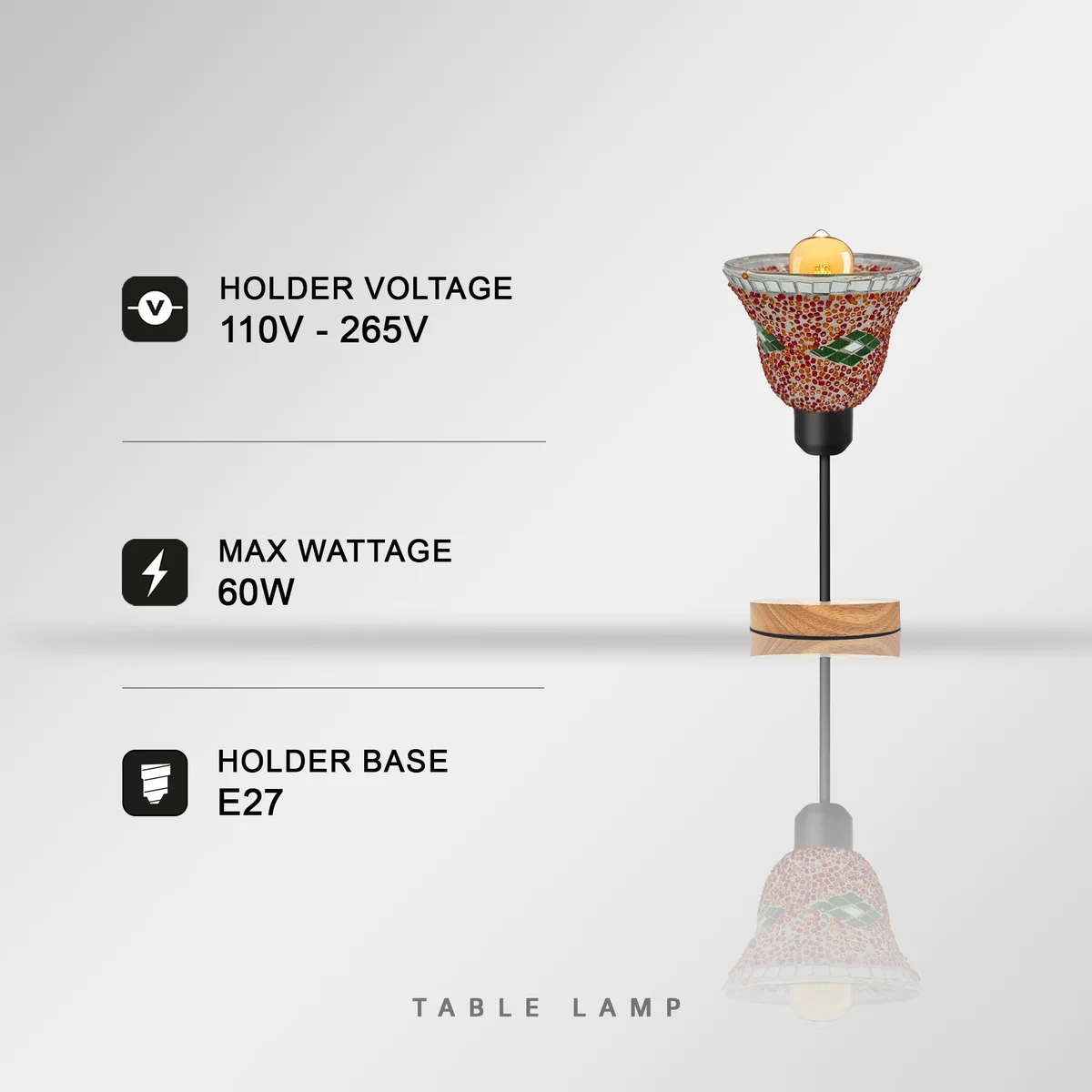 Handcrafted bedside lamp with colorful mosaic glass shade, wooden base, and black metal holder, plug-in with inline switch