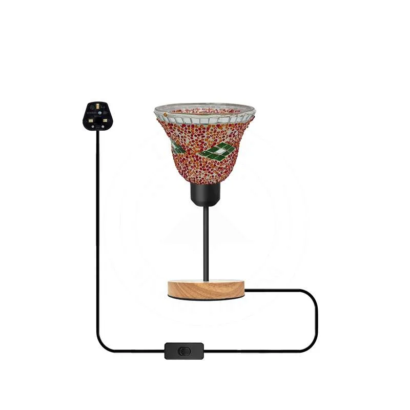 Handcrafted mosaic glass bedside lamp with wooden base and black metal holder, featuring E27 socket lamp and inline switch