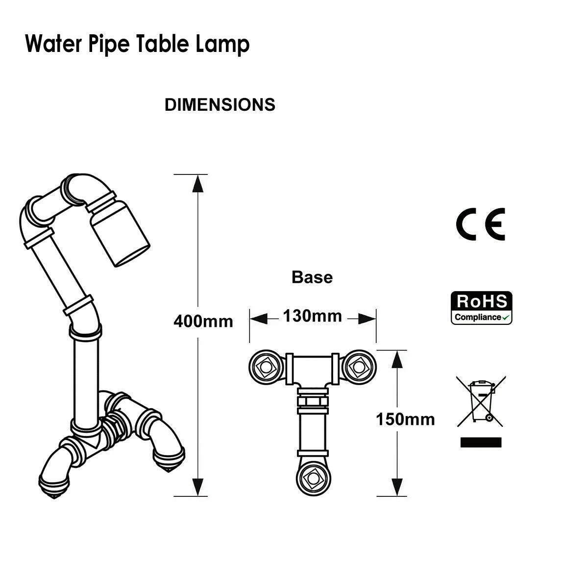 Compact metal steampunk lamp with water pipe design, rust-resistant finish, and E27 bulb fitting on a wooden surface