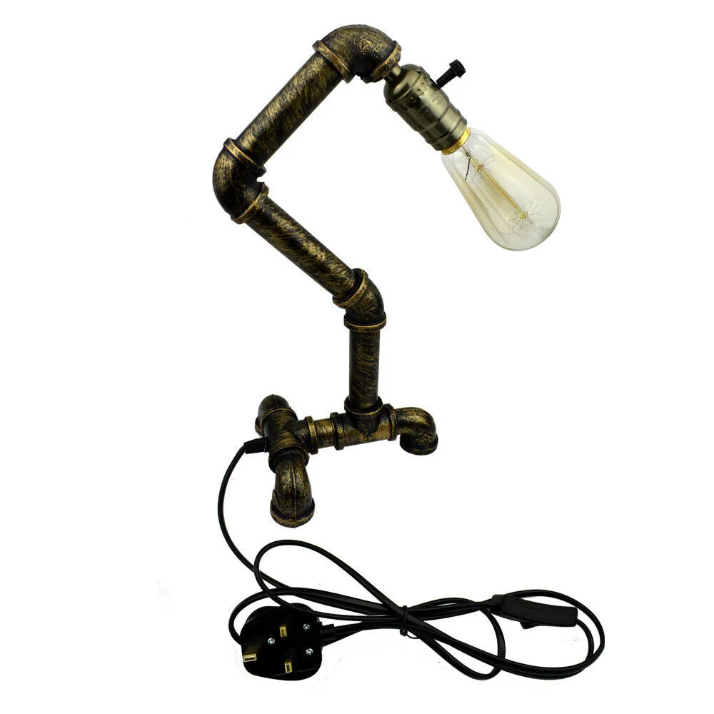 Industrial steampunk water pipe E27 table lamp with rust-resistant metal finish and inline on/off switch on wooden surface