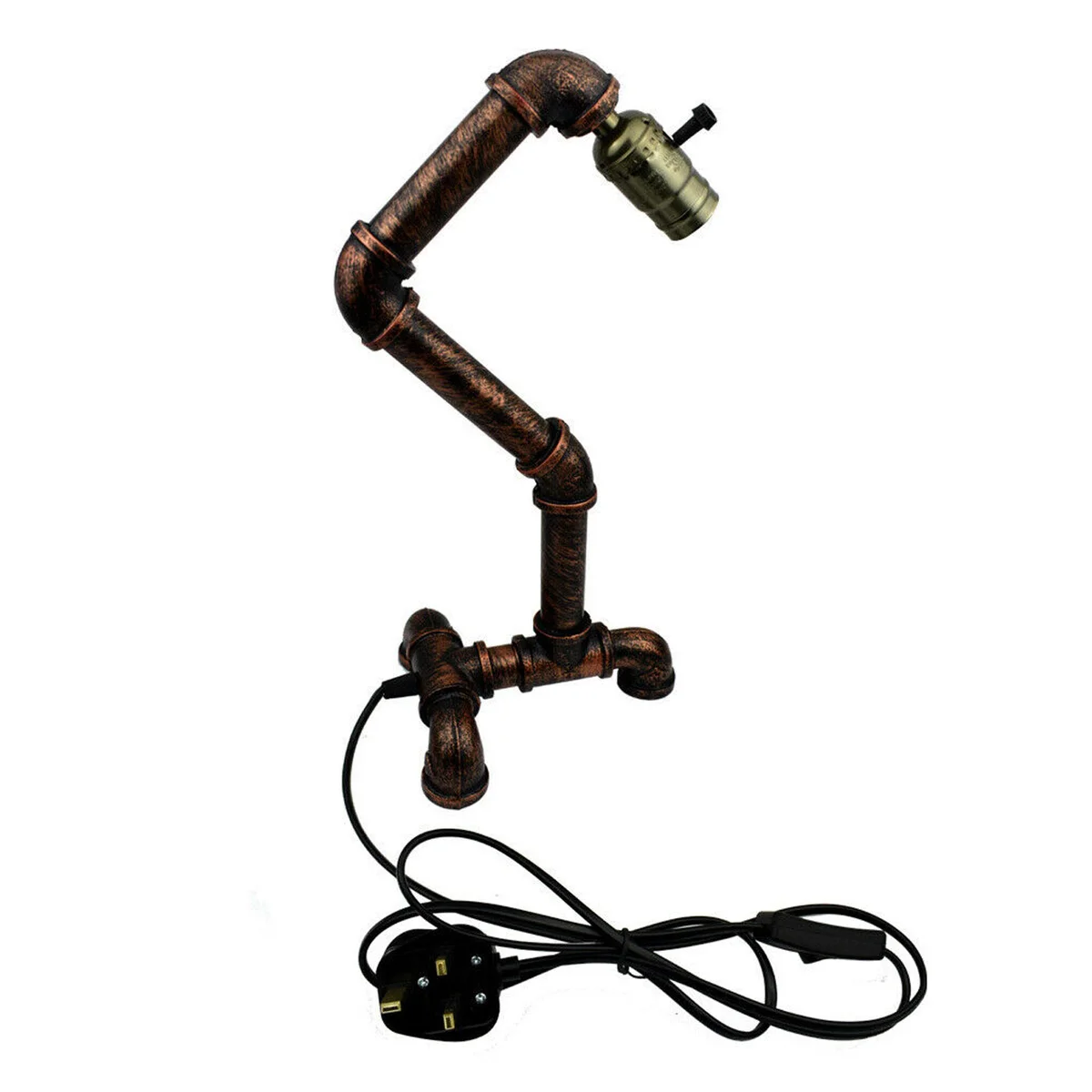 Industrial steampunk table lamp with water pipe design, metal finish, compact base, and E27 bulb socket on wooden surface