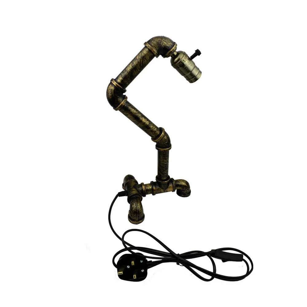 Industrial steampunk table lamp with water pipe design, metal finish, compact base, and E27 bulb socket on wooden surface