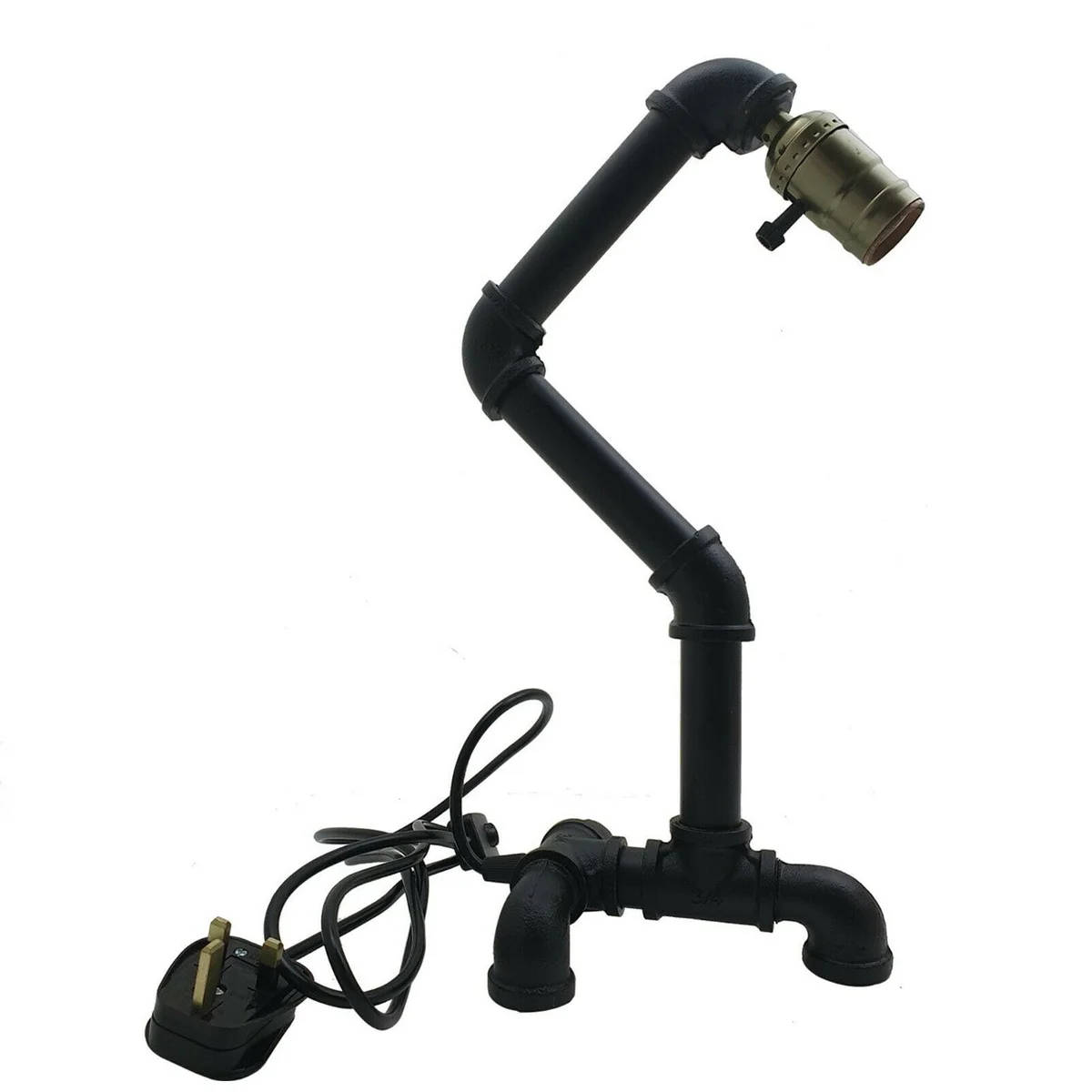 Industrial steampunk table lamp with water pipe design, metal finish, inline switch, and compact base on wooden surface