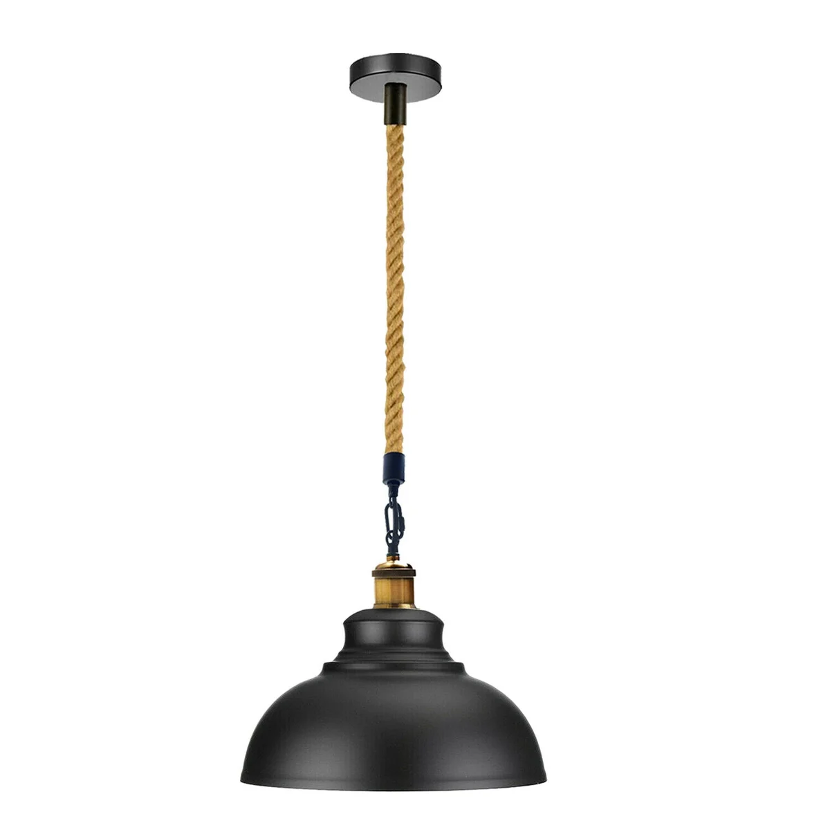 Black industrial pendant light with metal shade and hemp rope hanging cord, vintage retro design for home or cafe lighting