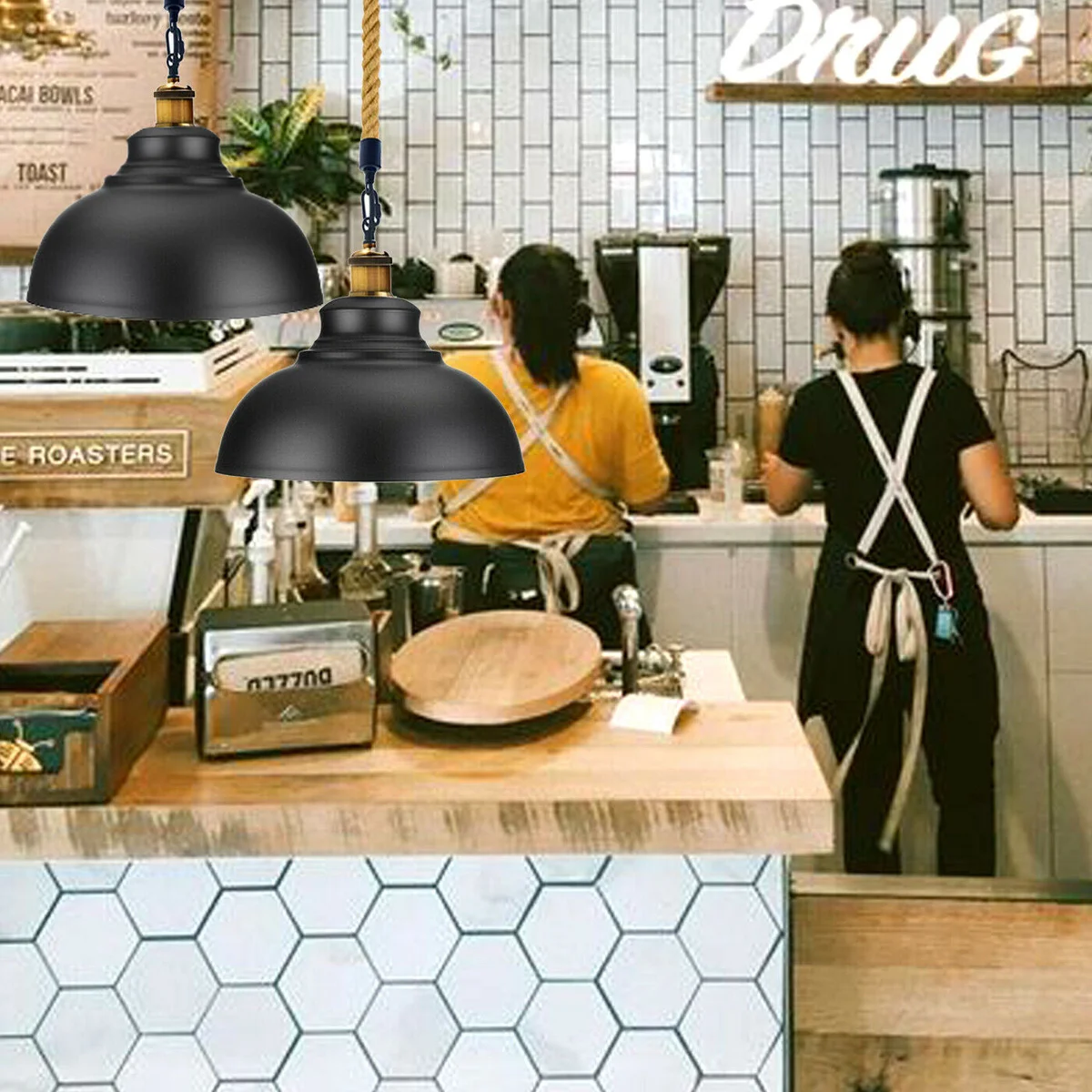 Black metal ceiling light with industrial pendant shade and hemp rope hanging in vintage retro style