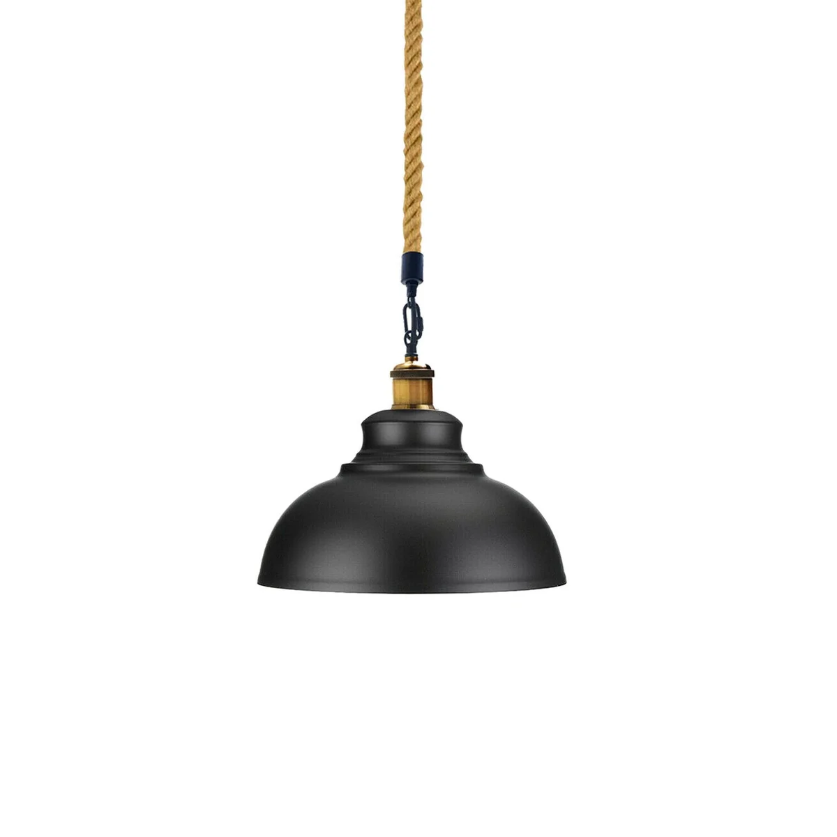 Black metal retro hanging light with hemp rope and industrial pendant shade, suitable for kitchen or dining areas
