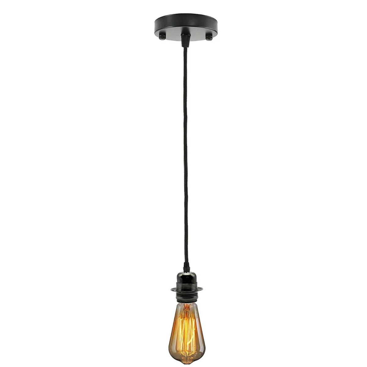 Black ceiling rose pendant with fabric flex cord and metal holder, includes vintage-style filament bulb and fitting kit
