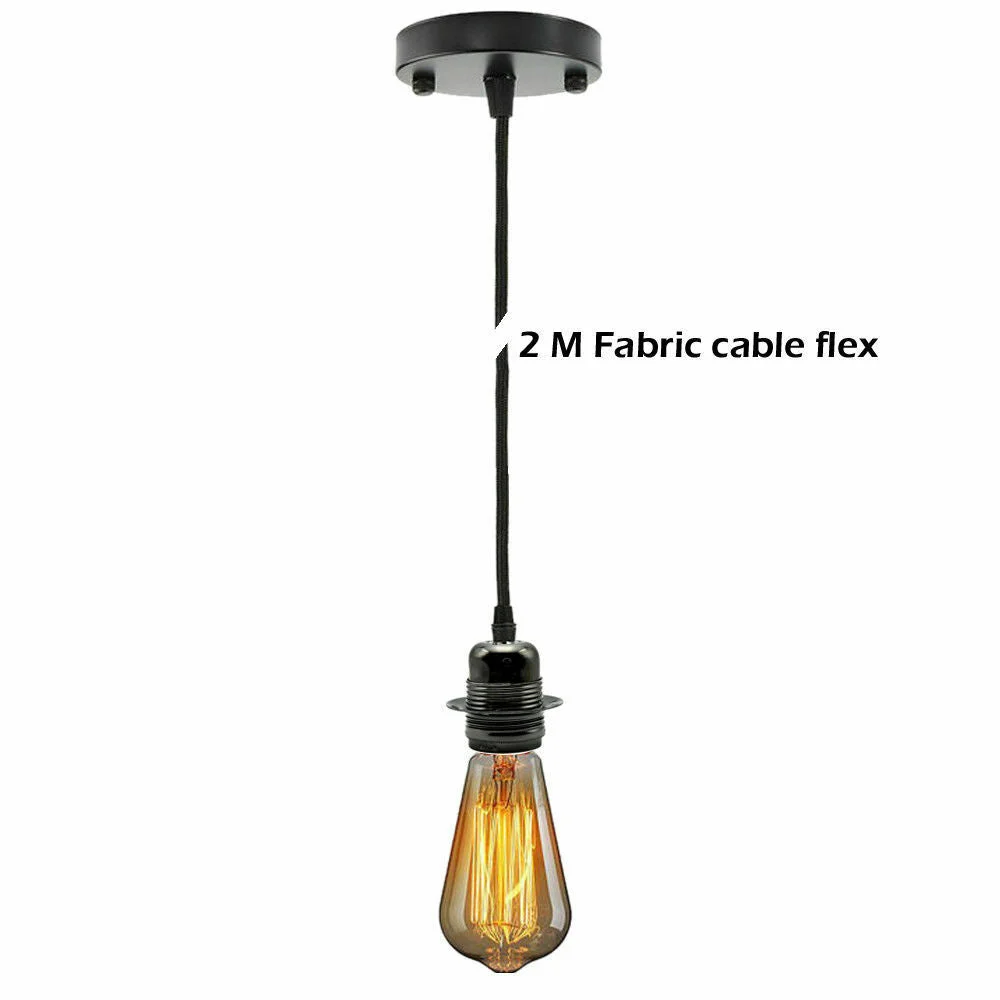 Black ceiling rose with fabric flex and E27 lamp holder pendant, including fitting kit and vintage-style bulb attached