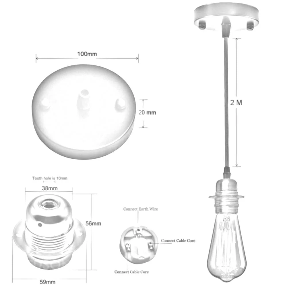 Black metal ceiling rose light with fabric flex and E27 bulb holder, shown with vintage-style filament bulb installed