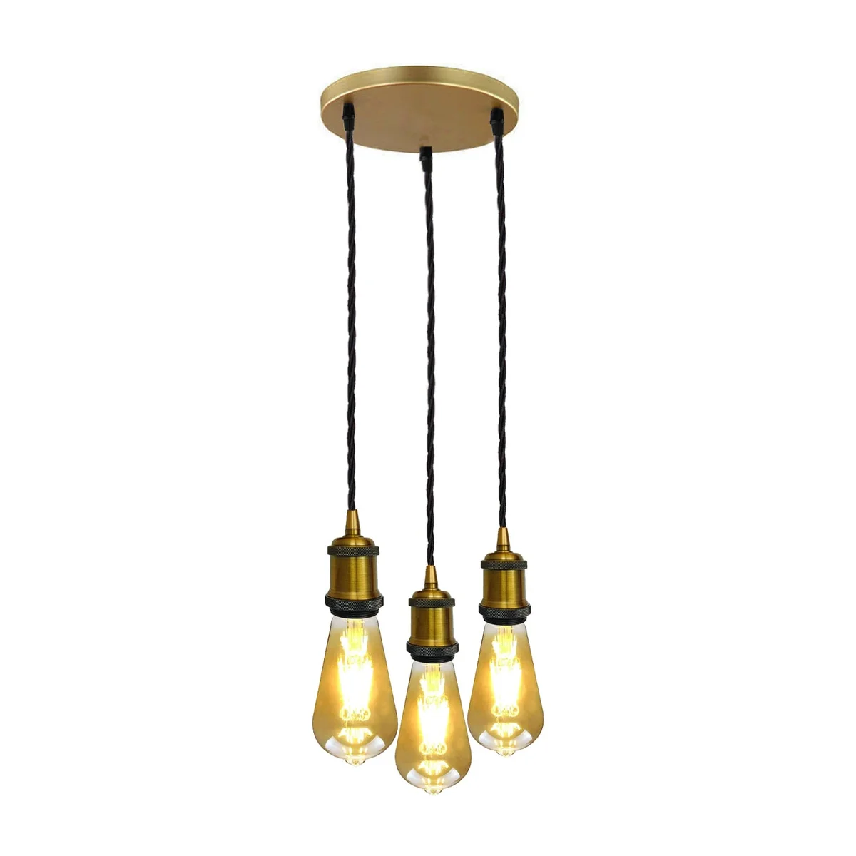 Black 3 head pendant light with braided fabric flex and metal ceiling rose, suitable for E27 bulbs, 90cm wire length