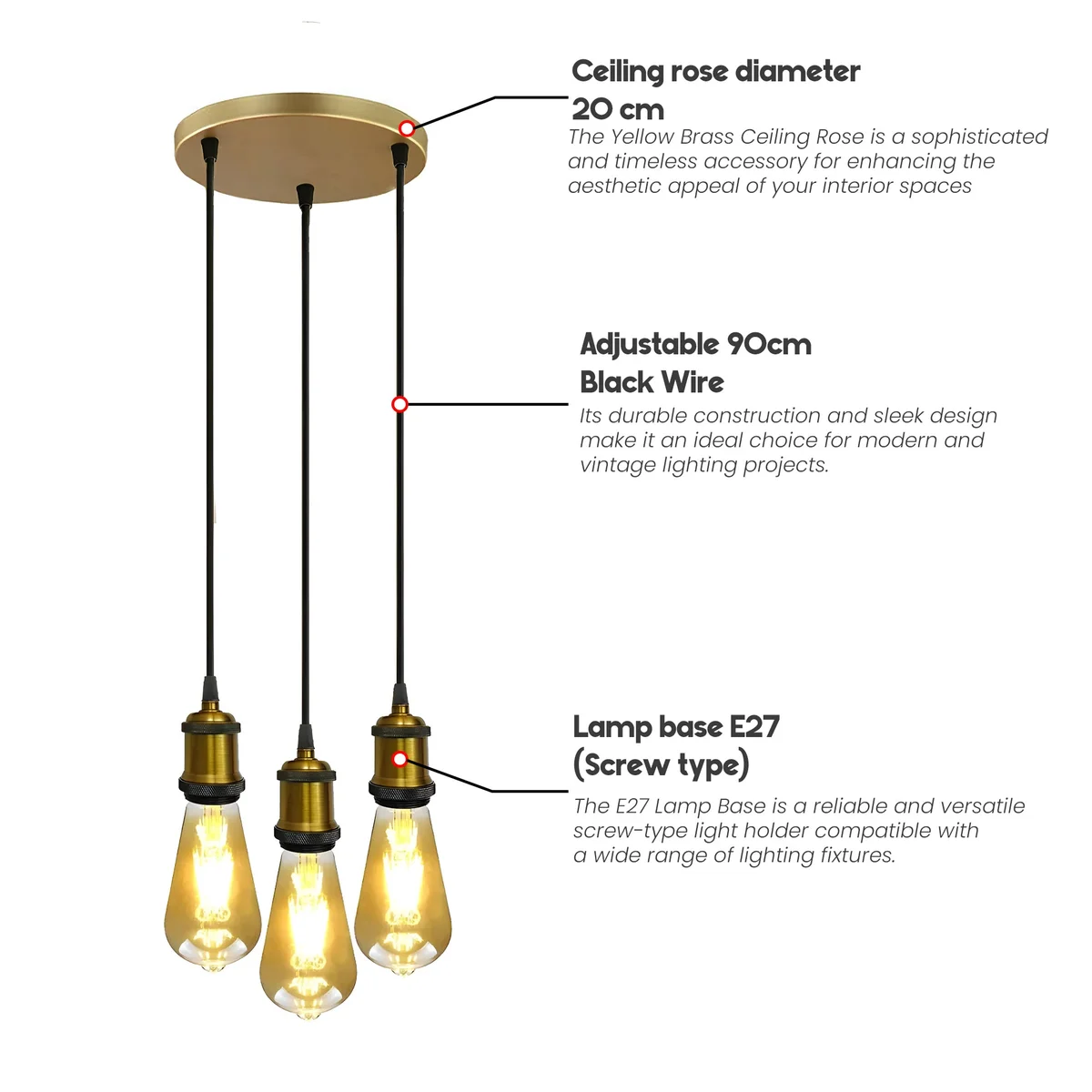 Black 3 head pendant braided fabric flex lamp holder with adjustable wires and metal ceiling rose, vintage industrial style