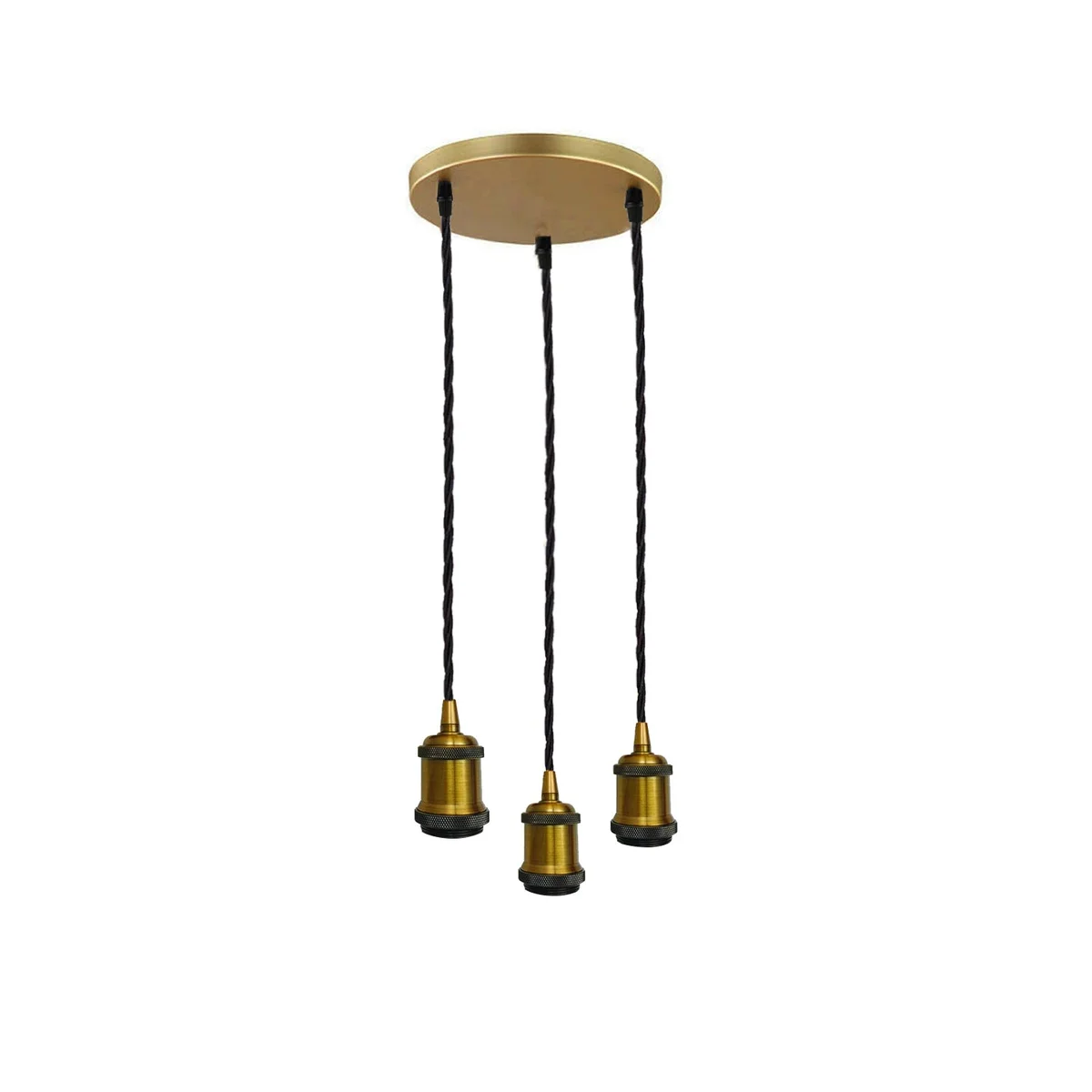 Three head black finish pendant light with braided fabric flex and 90cm adjustable black wire, metal ceiling rose included
