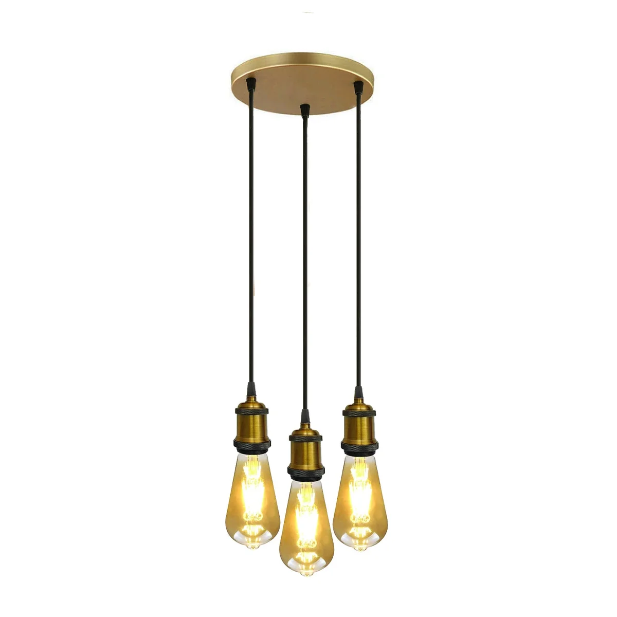 Three head black braided fabric E27 switch holder pendant with adjustable wires and metal ceiling rose fitting