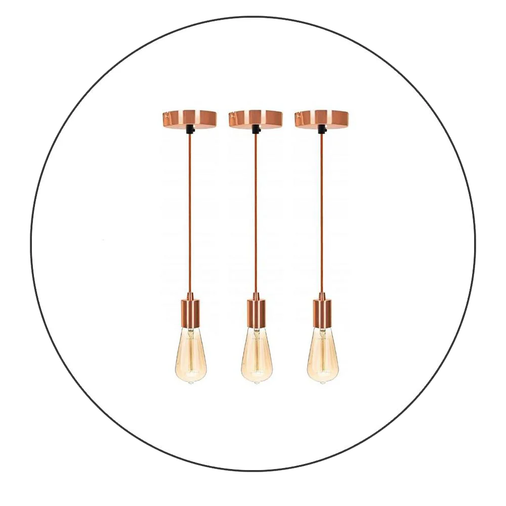 Three rose gold E27 pendant light holders with fabric flex cables and ceiling roses, including dimmable ST64 bulbs.