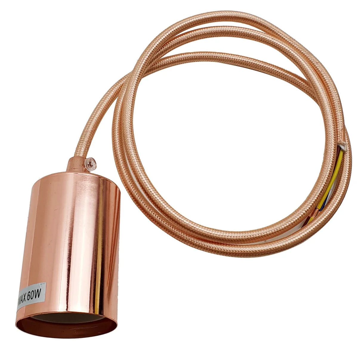 3 pack ceiling rose pendant light holders in rose gold with fabric flex and E27 lamp bases, including bulbs and assembly parts