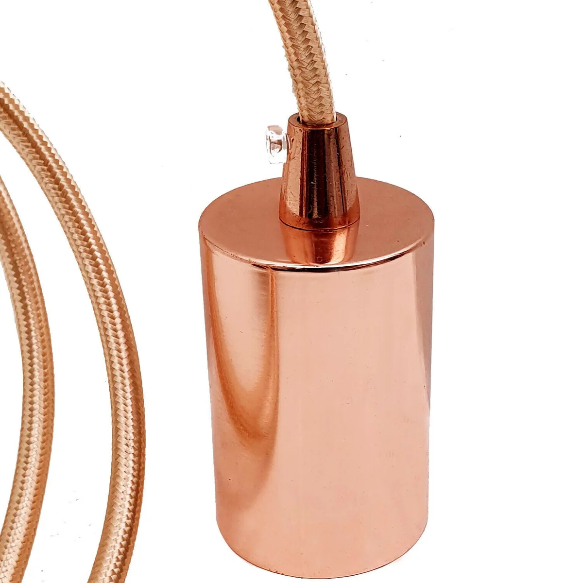 Three rose gold pendant light holders with fabric flex lamp cords and E27 screw bases hanging from ceiling roses