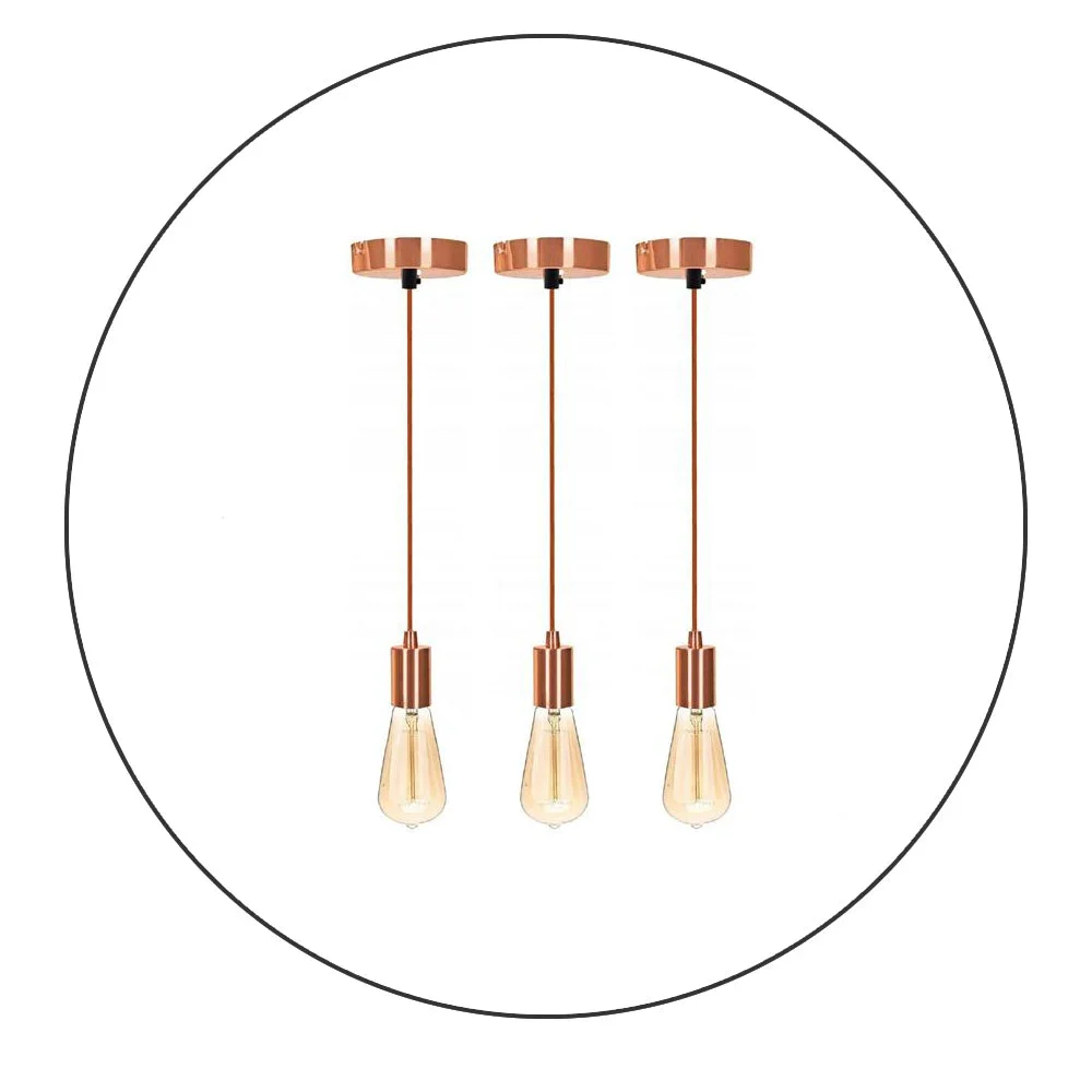 Three rose gold ceiling light pendant holders with fabric flex cords and E27 lamp bases displayed on white background