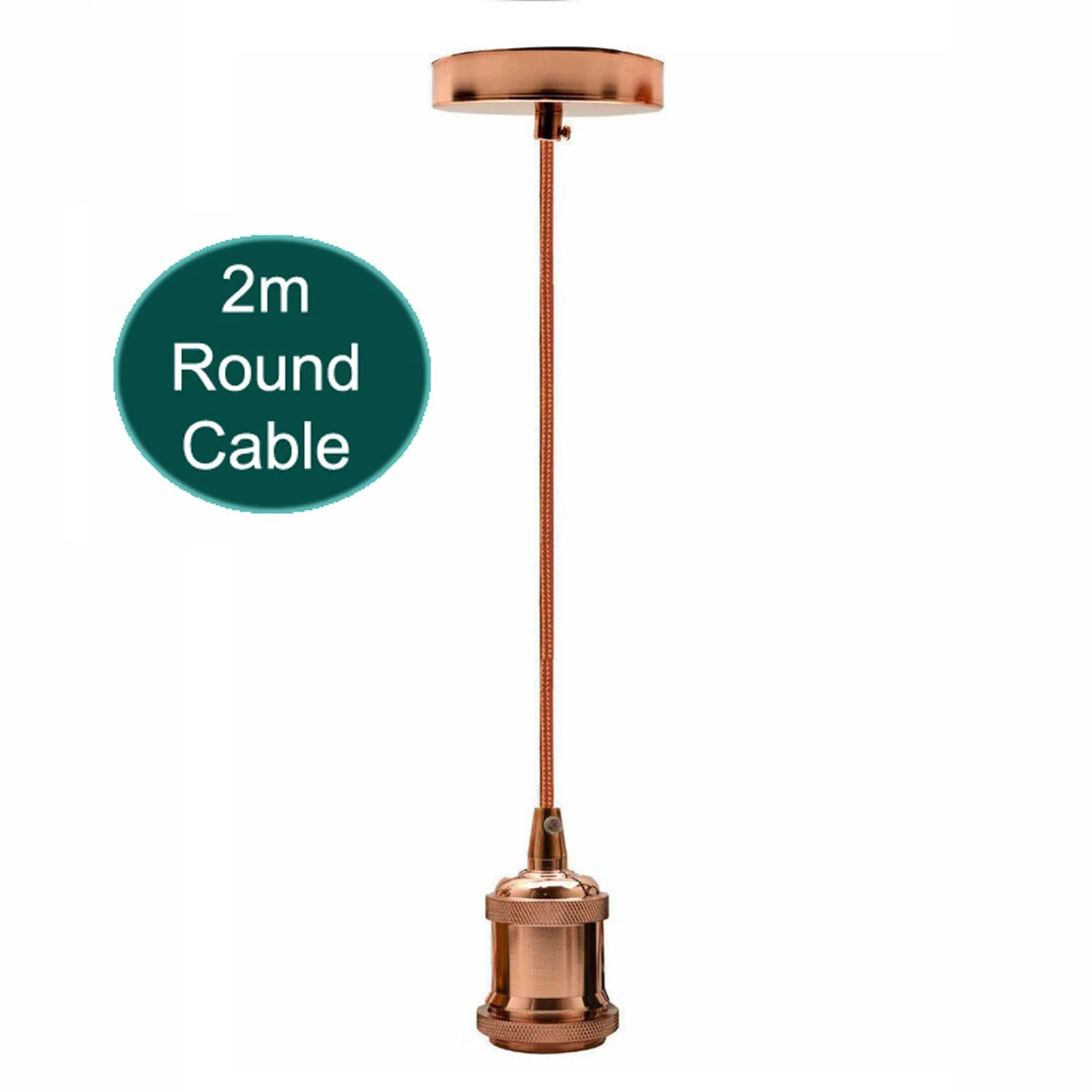 Vintage pendant light holder with 2m round rose gold cable, E27 base, polished metal and fabric finish, ceiling rose included
