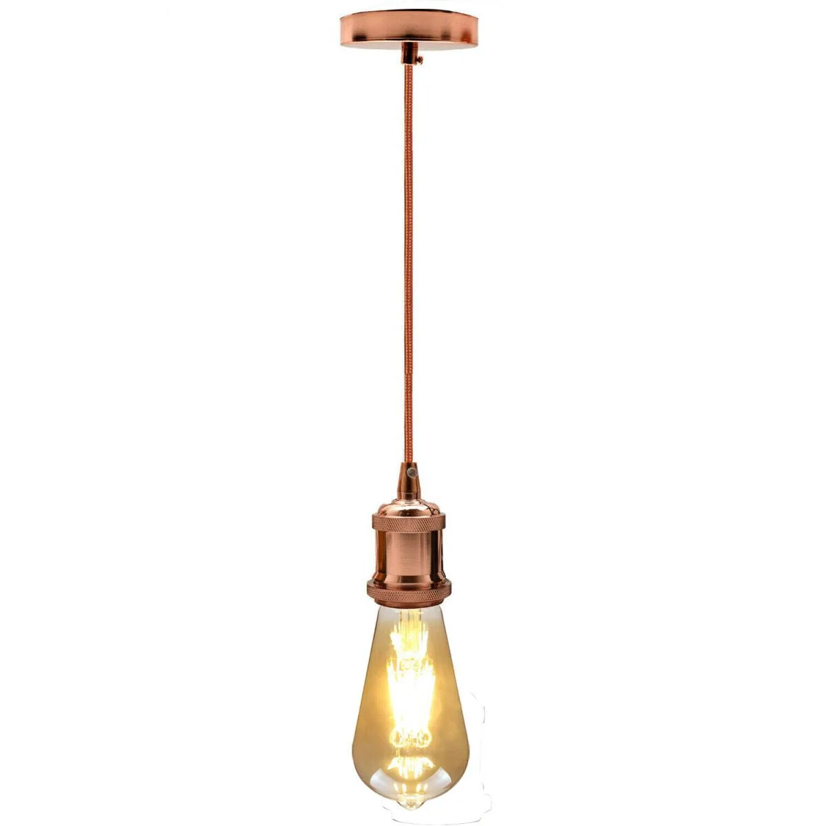 Vintage style lamp holder with rose gold finish, 2m round fabric cable, and ceiling rose accessories displayed on white background