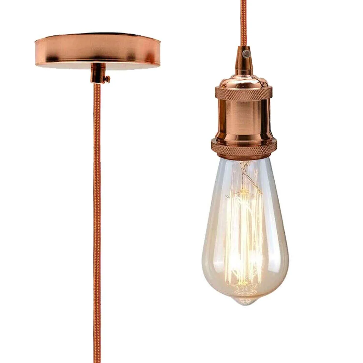 Vintage pendant light holder with 2m round rose gold cable and polished metal lamp holder hanging against white background