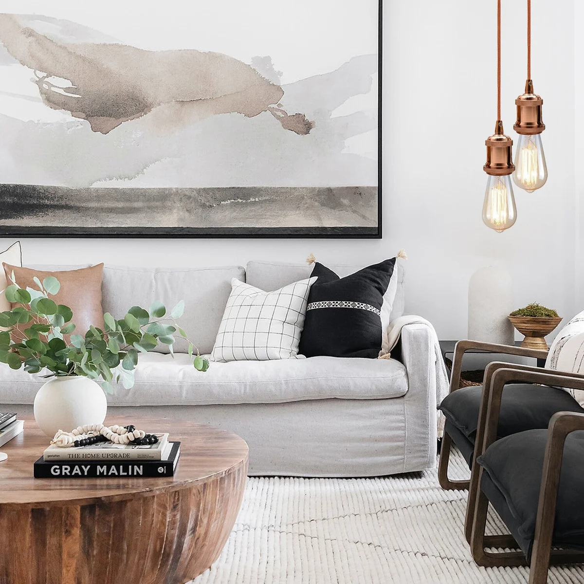 Vintage pendant light holder with rose gold finish, 2m round fabric cable, and E27 base, shown against white background