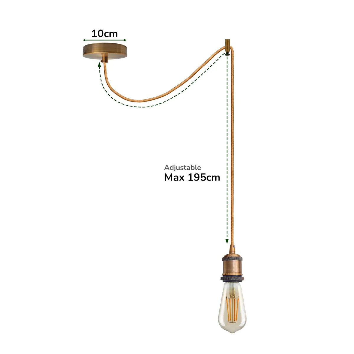 Vintage 2m pendant light with long fabric cable, knurled metal lamp holder and matching ceiling rose.