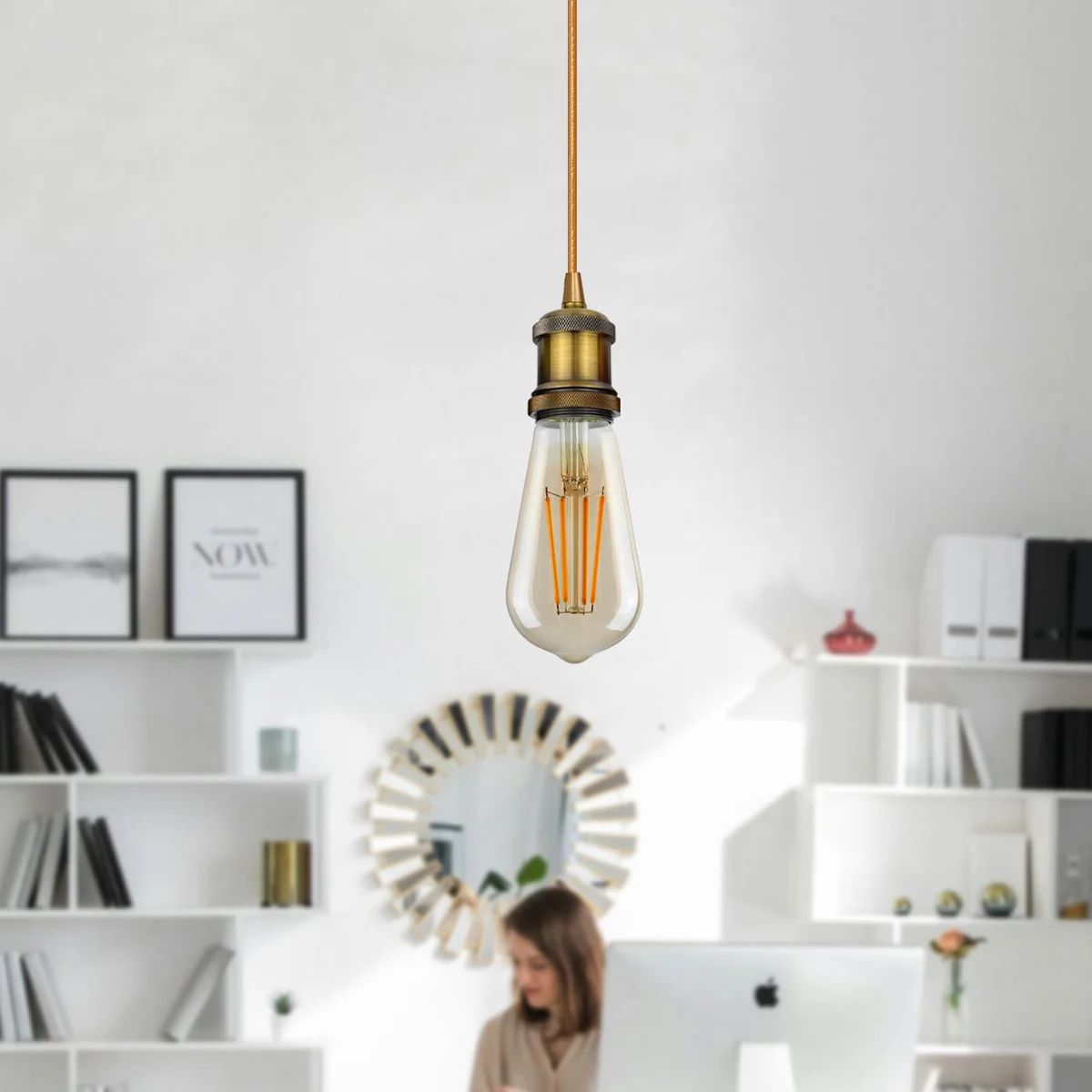 Dimmable pendant light with vintage metal lamp holder, round fabric cable, and knurled ceiling rose.