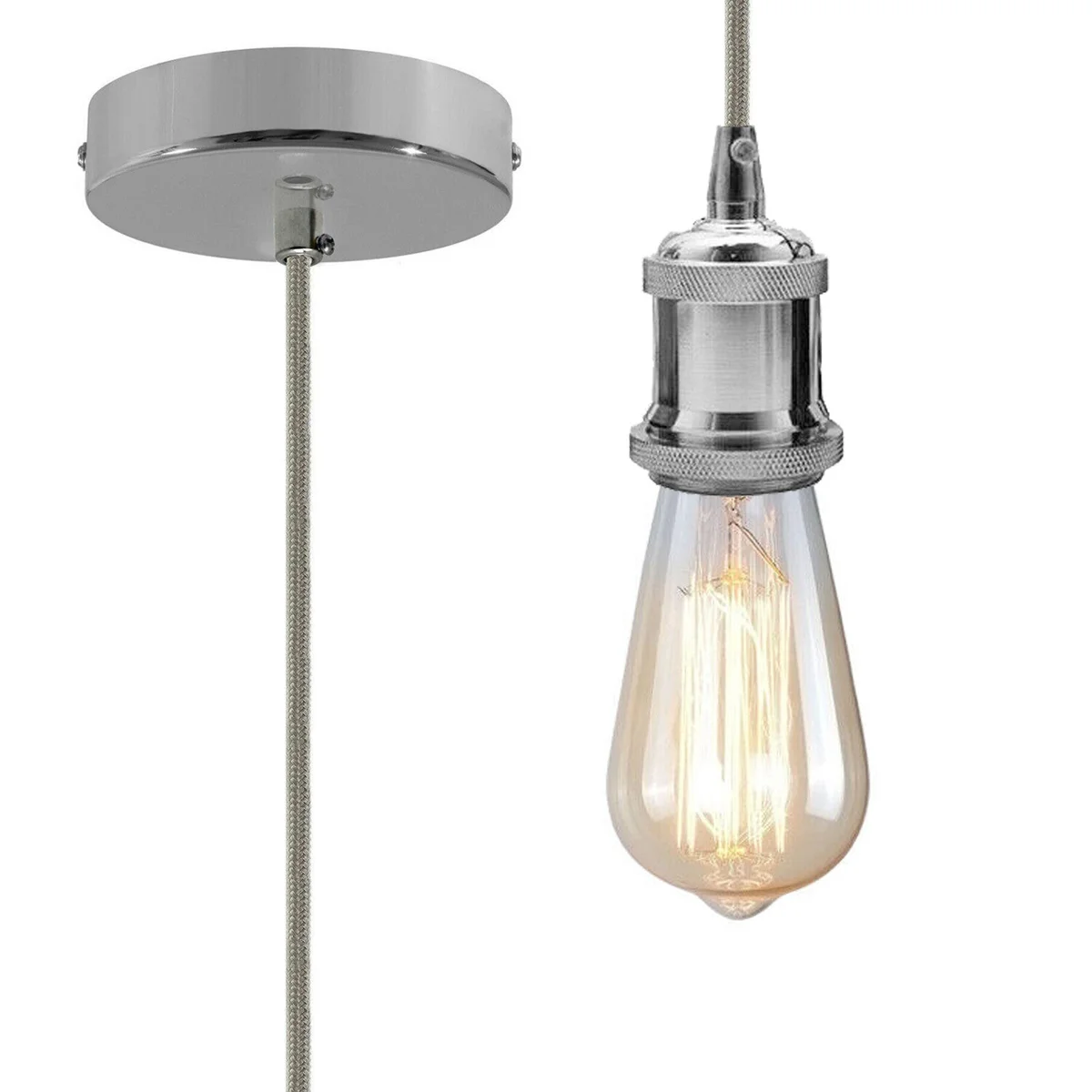 Chrome E27 pendant holder with 2m grey fabric round cable and ceiling rose, polished vintage style lighting kit components