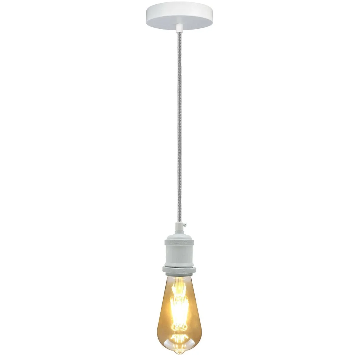 Grey fabric-covered 2m round cable with white E27 base vintage style pendant holder and ceiling rose accessories visible