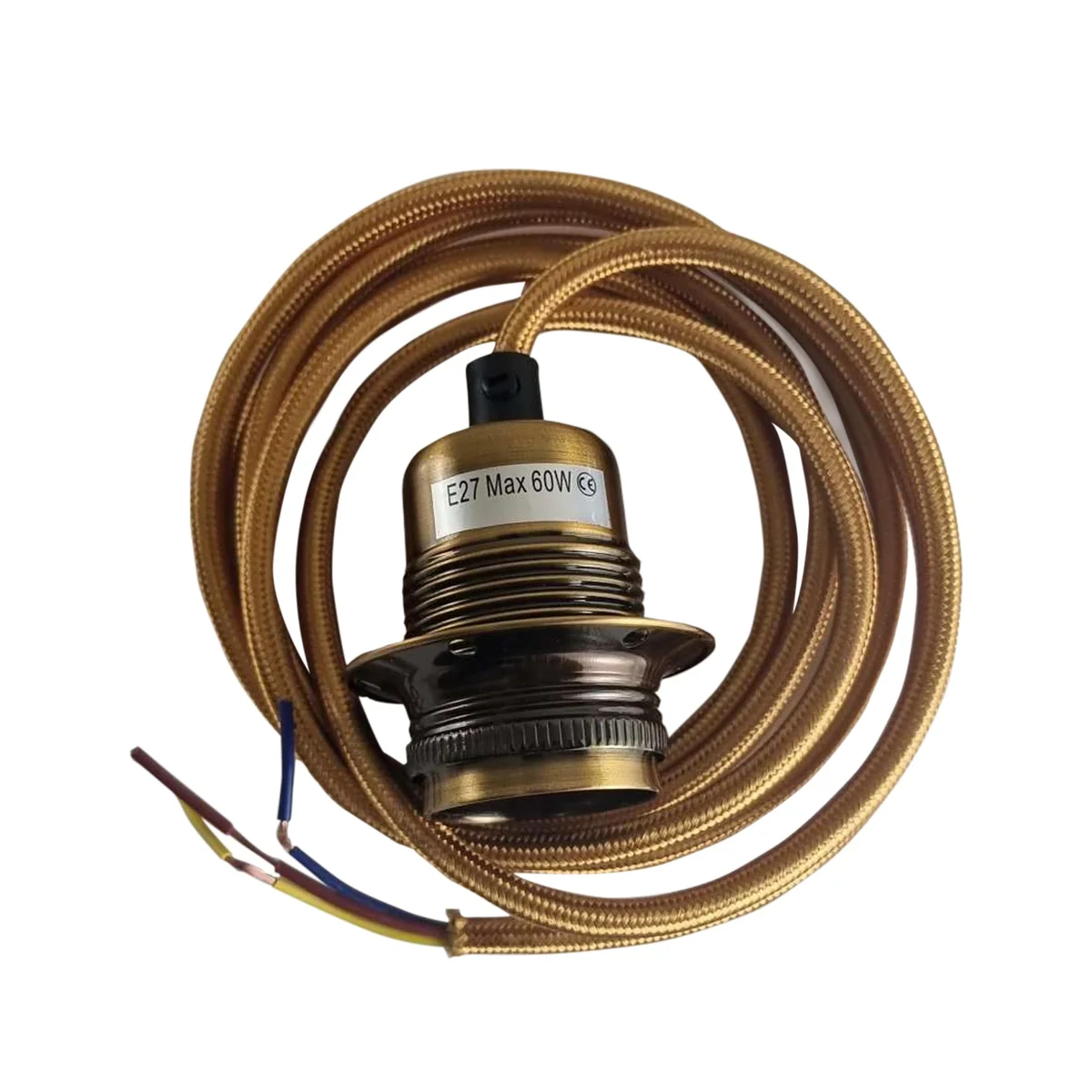2m gold fabric cable pendant with yellow brass aluminium holder and E27 lamp base for hanging light fixtures