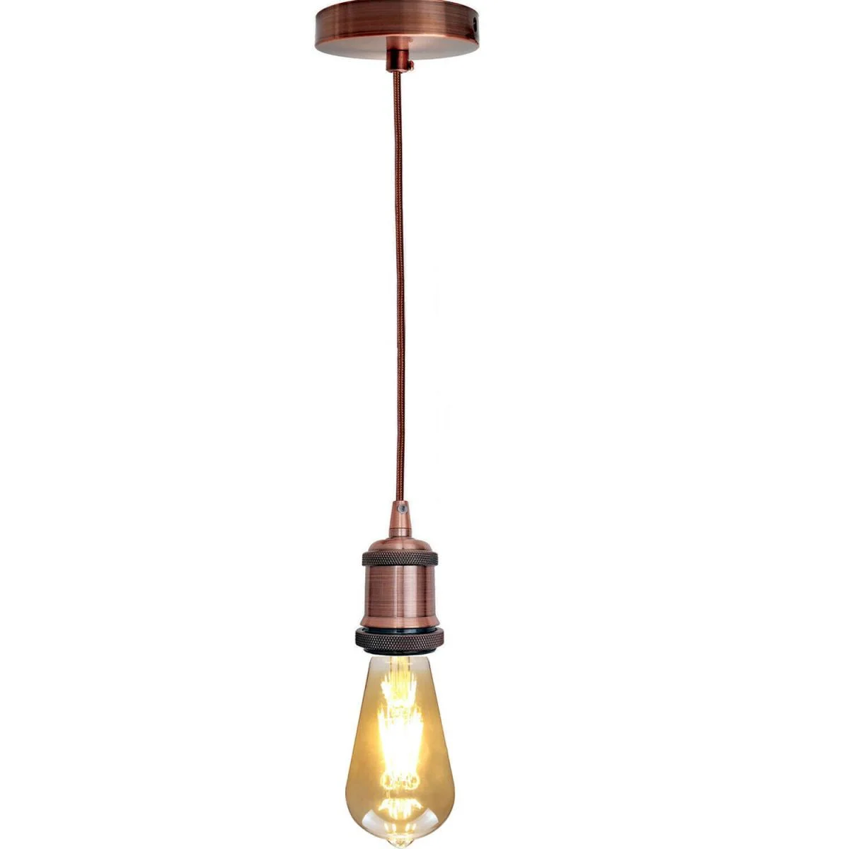 2 meter round cable pendant with brown fabric-covered cord and vintage polished copper E27 bulb holder against white background